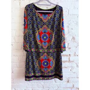 Laundry by Shelli Segal Colorful Geometric Print Shift Dress Size L Long Sleeve